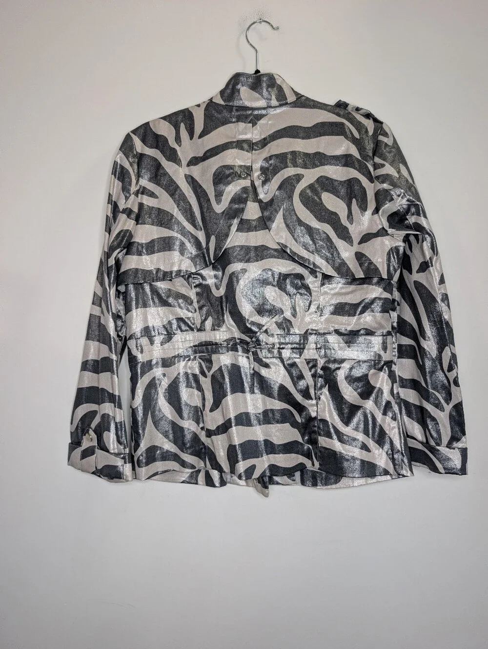 Berek Metallic Zebra Print Utility Moto Jacket Size Small Silver Black